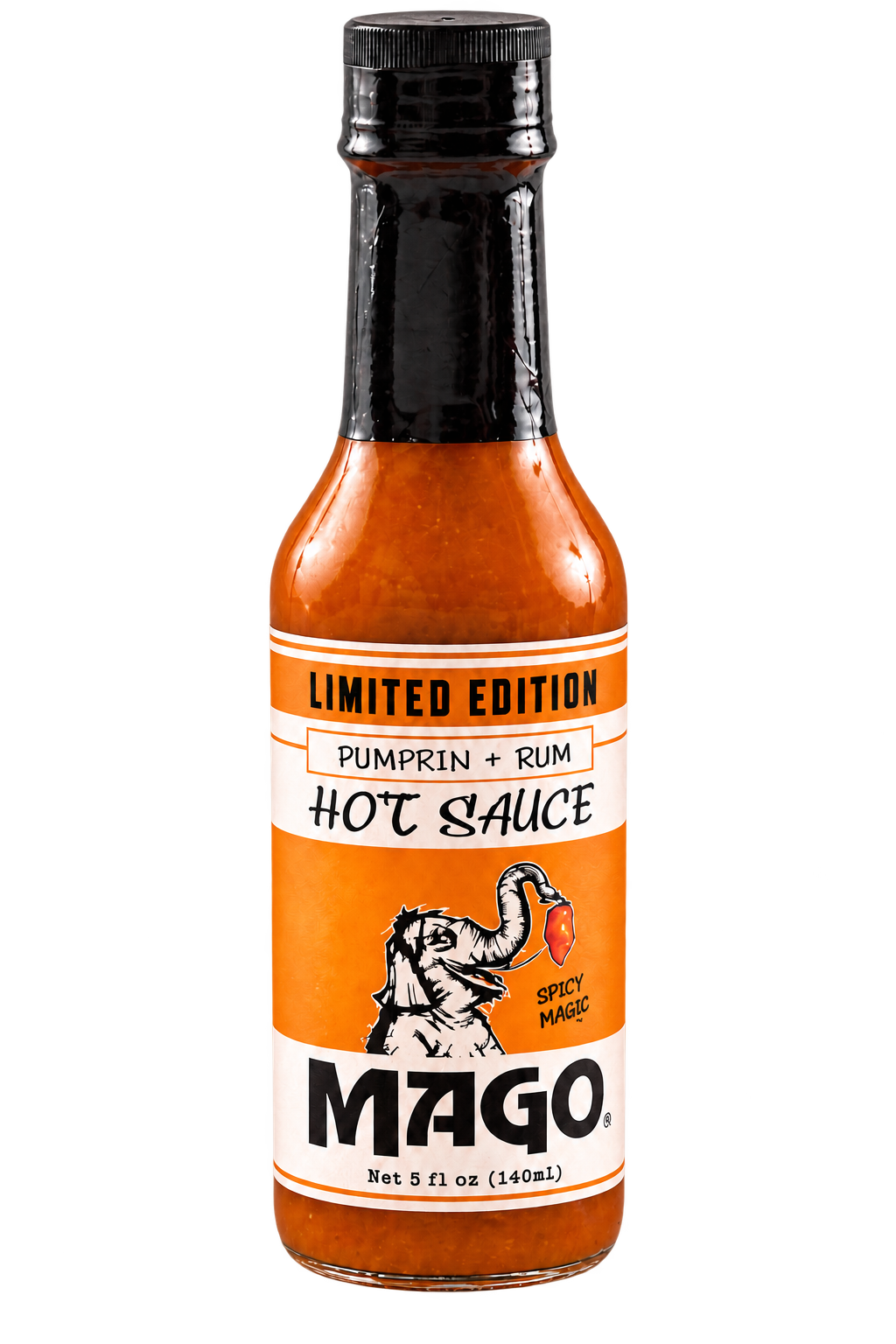 Bottle of Mago Pumpkin + Rum hot sauce
