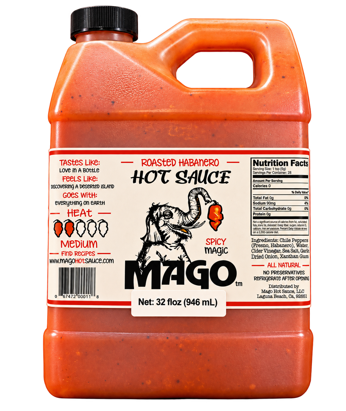 32 fl oz container of Mago Roasted Habanero hot sauce