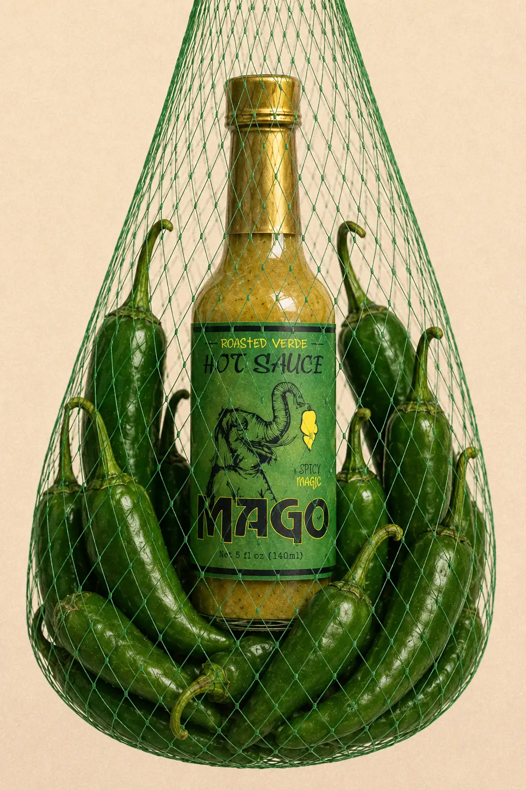Mago Hot Sauce bottle in bag with peppers